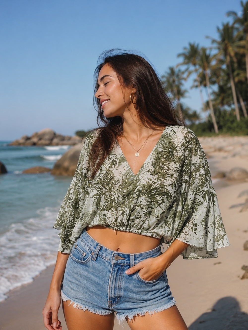 Sanctuary Olive Green Printed V-Neck Cropped Top SzXS New With Tag